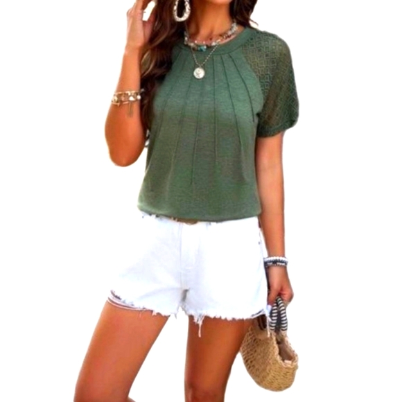 Women's Ruched, Solid Hollowed Out Sleeves, Round Neck Top - Picture 2 of 11